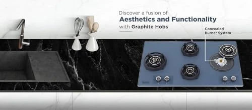 Hindware Graphite | Built in Hob With Flame Failure Device | Matt Grey Frost Glass with Coated SS Strips | Silver Metallic Finish & Jet Black Knobs | Stainless Steel Automatic Hob (Graphite 4B 90CM)