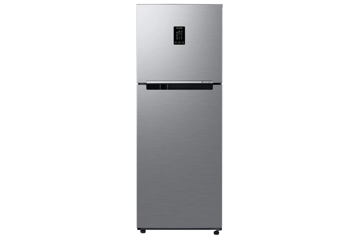 Front view of Samsung RT31H4522S8/HL 301 L silver double door refrigerator with digital display