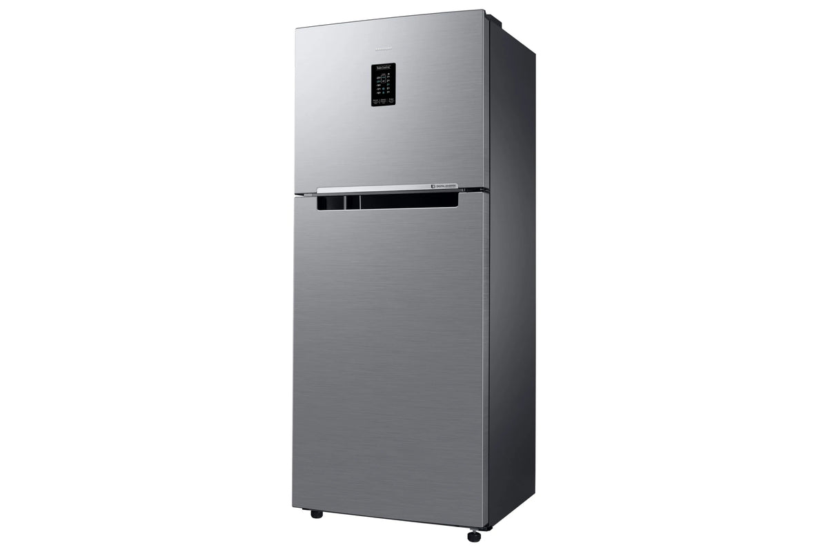 Right-angled view of Samsung RT31H4522S8/HL refrigerator showing silver doors and side panel