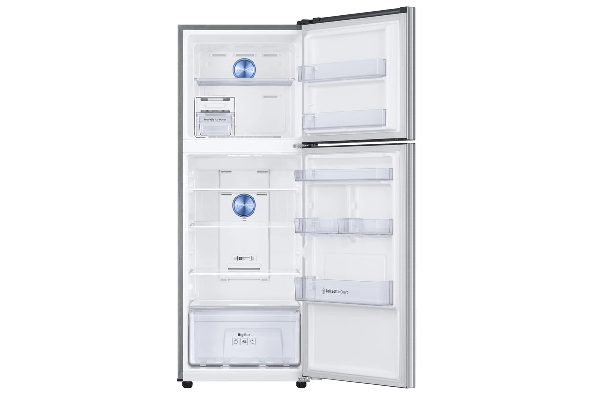 Samsung RT31H4522S8/HL with both doors open showing empty shelves, ice maker, Big Box drawer and door guards