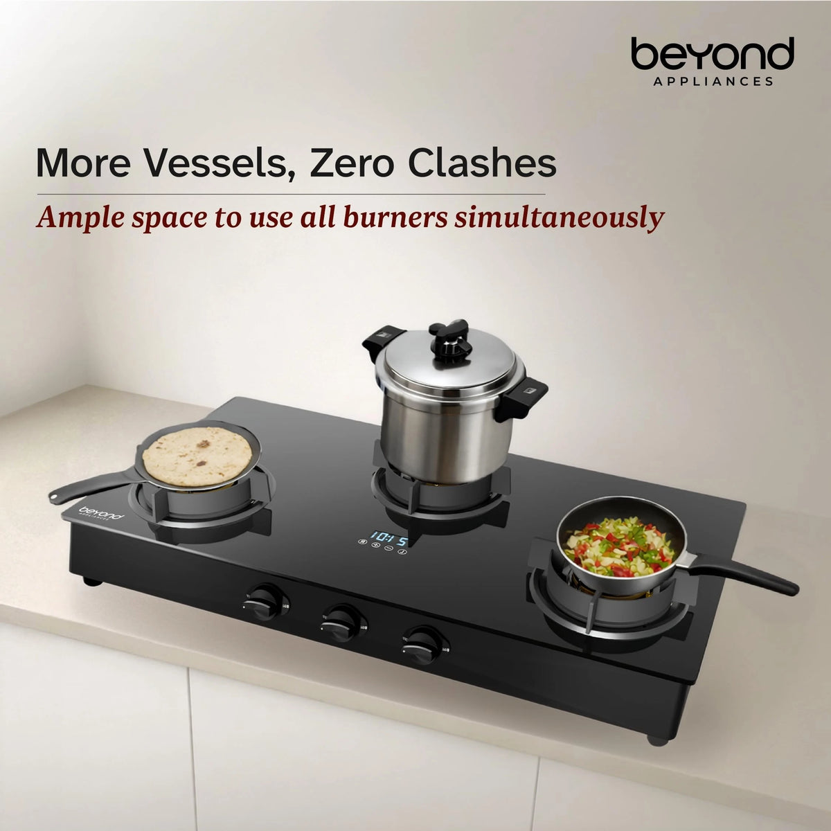 Beyond Appliances Auriga Pro 3 Full Brass Burner Smart Gas Stove I Auto Ignition I Digital Timer I Flame Failure Device I Toughened Glass I ISI Certified, LPG & PNG Compatible, PAN India Service