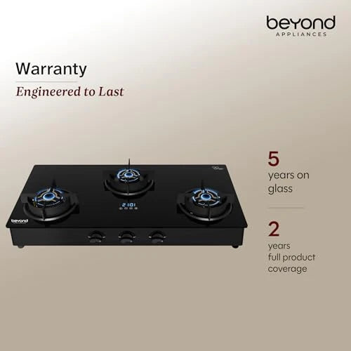 Beyond Appliances Auriga Pro 3 Full Brass Burner Smart Gas Stove I Auto Ignition I Digital Timer I Flame Failure Device I Toughened Glass I ISI Certified, LPG & PNG Compatible, PAN India Service