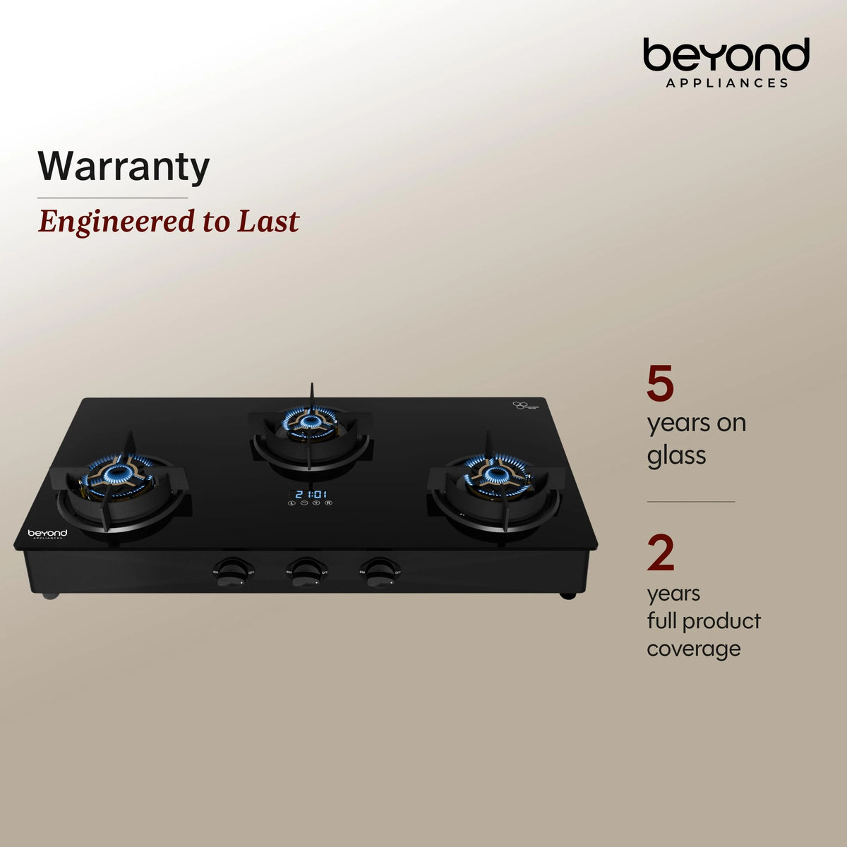 Beyond Appliances Auriga Pro 3 Full Brass Burner Smart Gas Stove I Auto Ignition I Digital Timer I Flame Failure Device I Toughened Glass I ISI Certified, LPG & PNG Compatible, PAN India Service