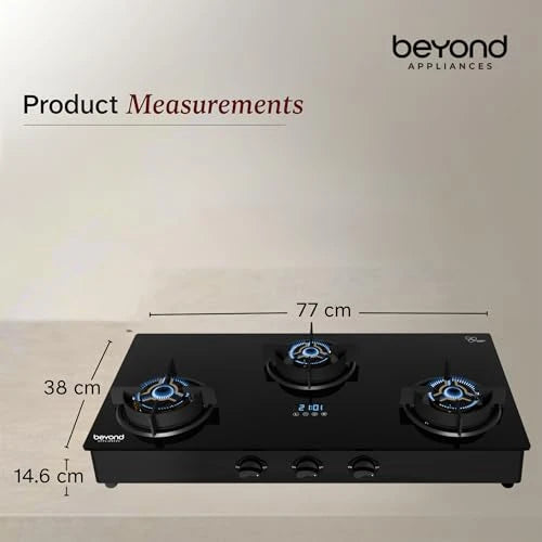 Beyond Appliances Auriga Pro 3 Full Brass Burner Smart Gas Stove I Auto Ignition I Digital Timer I Flame Failure Device I Toughened Glass I ISI Certified, LPG & PNG Compatible, PAN India Service
