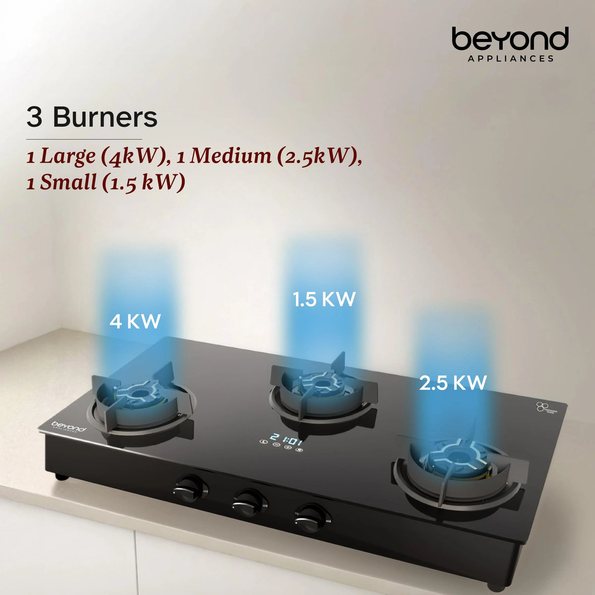 Beyond Appliances Auriga Pro 3 Full Brass Burner Smart Gas Stove I Auto Ignition I Digital Timer I Flame Failure Device I Toughened Glass I ISI Certified, LPG & PNG Compatible, PAN India Service