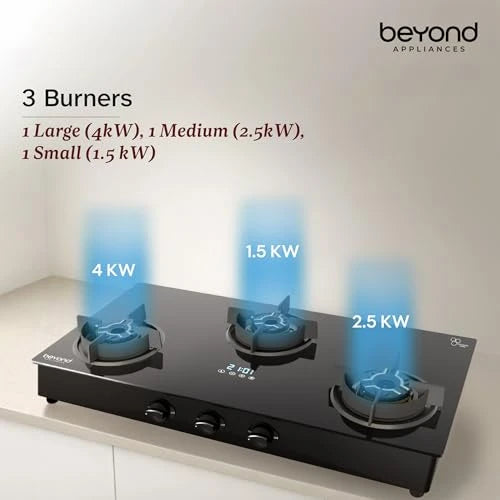 Beyond Appliances Auriga Pro 3 Full Brass Burner Smart Gas Stove I Auto Ignition I Digital Timer I Flame Failure Device I Toughened Glass I ISI Certified, LPG & PNG Compatible, PAN India Service