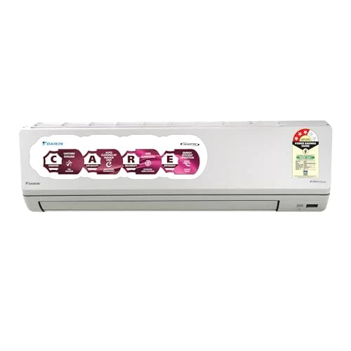 Daikin FTKL90XV16 white split AC indoor unit with CARE feature sticker, front view