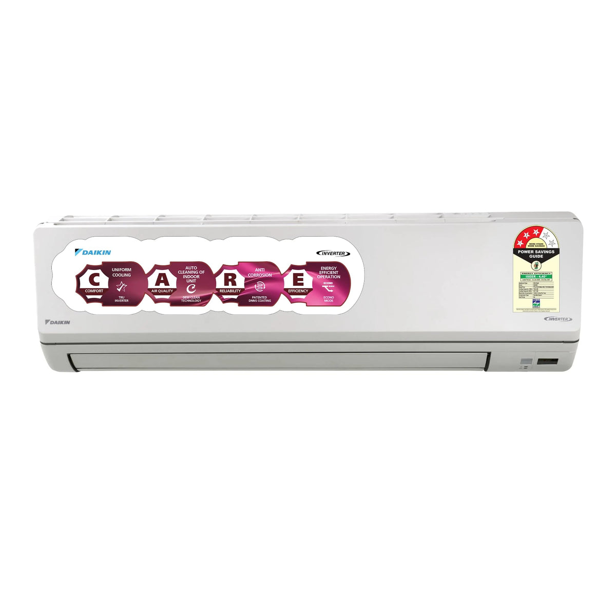 Daikin FTKL71XV16 white split AC indoor unit with CARE feature sticker and BEE 3 Star label