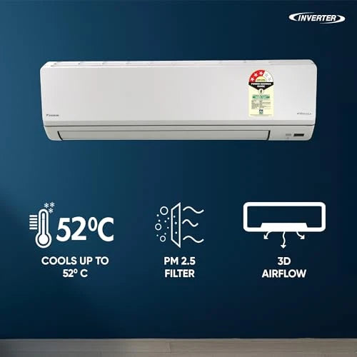 Daikin FTKL71XV16 inverter AC feature graphic: 52°C cooling, PM 2.5 filter, 3D airflow