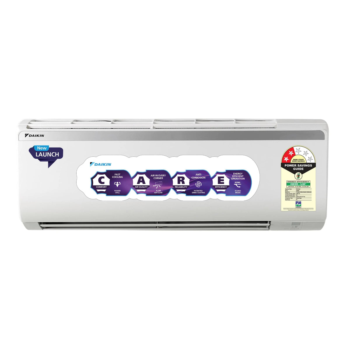 Daikin FTQ28XV16 white split AC indoor unit with CARE feature badges and 2 Star energy label