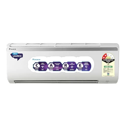 Daikin FTQ28XV16 white wall-mounted split AC indoor unit with CARE badges and star rating label