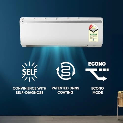 Daikin FTQ28XV16 split AC on a blue wall with self-diagnose, patented DNNS coating and Econo mode icons
