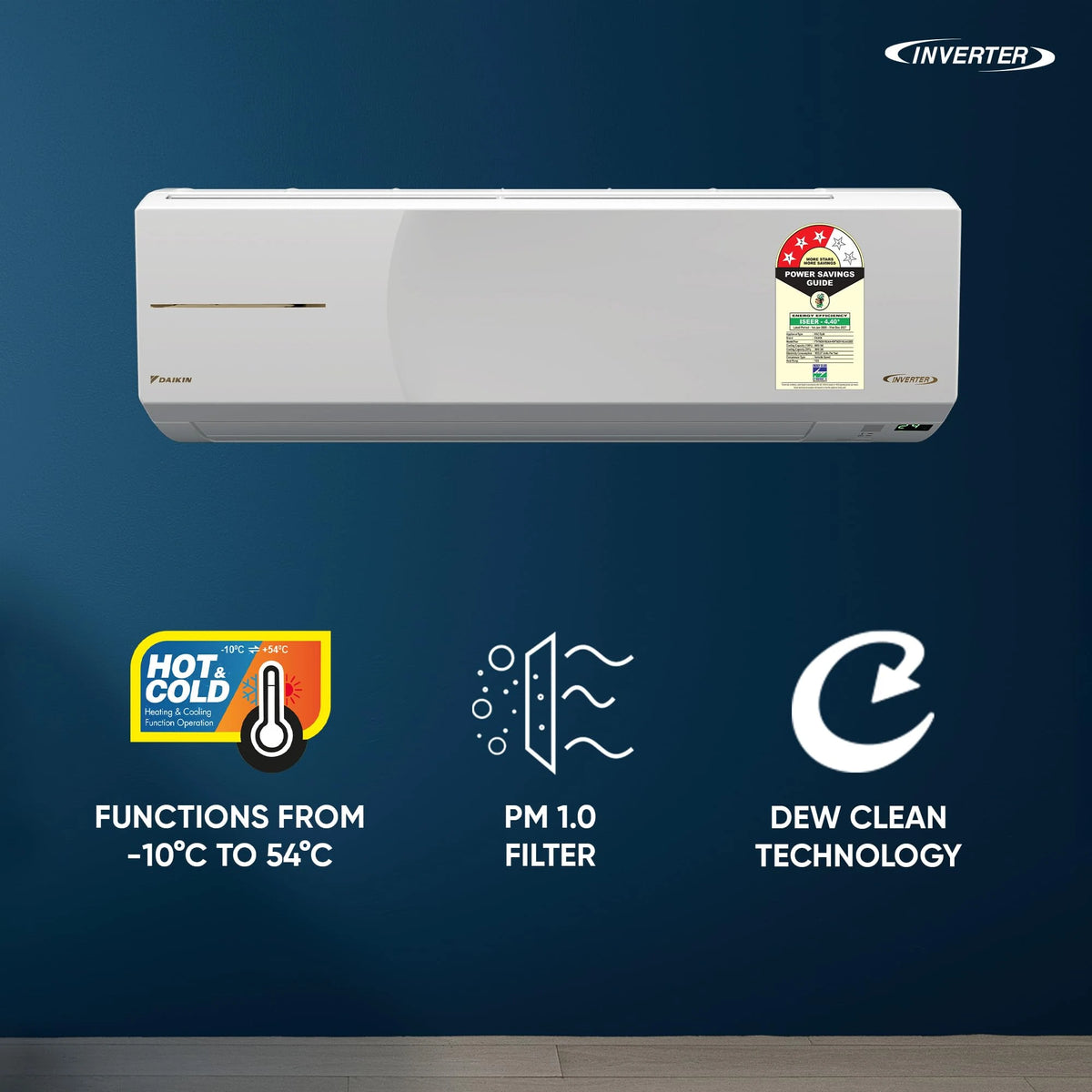 Daikin FTHT60XV16 inverter split AC with Hot & Cold, PM 1.0 filter and Dew Clean technology highlights, high-resolution view