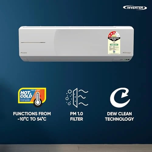 Daikin FTHT60XV16 split AC on a blue wall with Hot & Cold -10°C to 54°C, PM 1.0 filter and Dew Clean icons