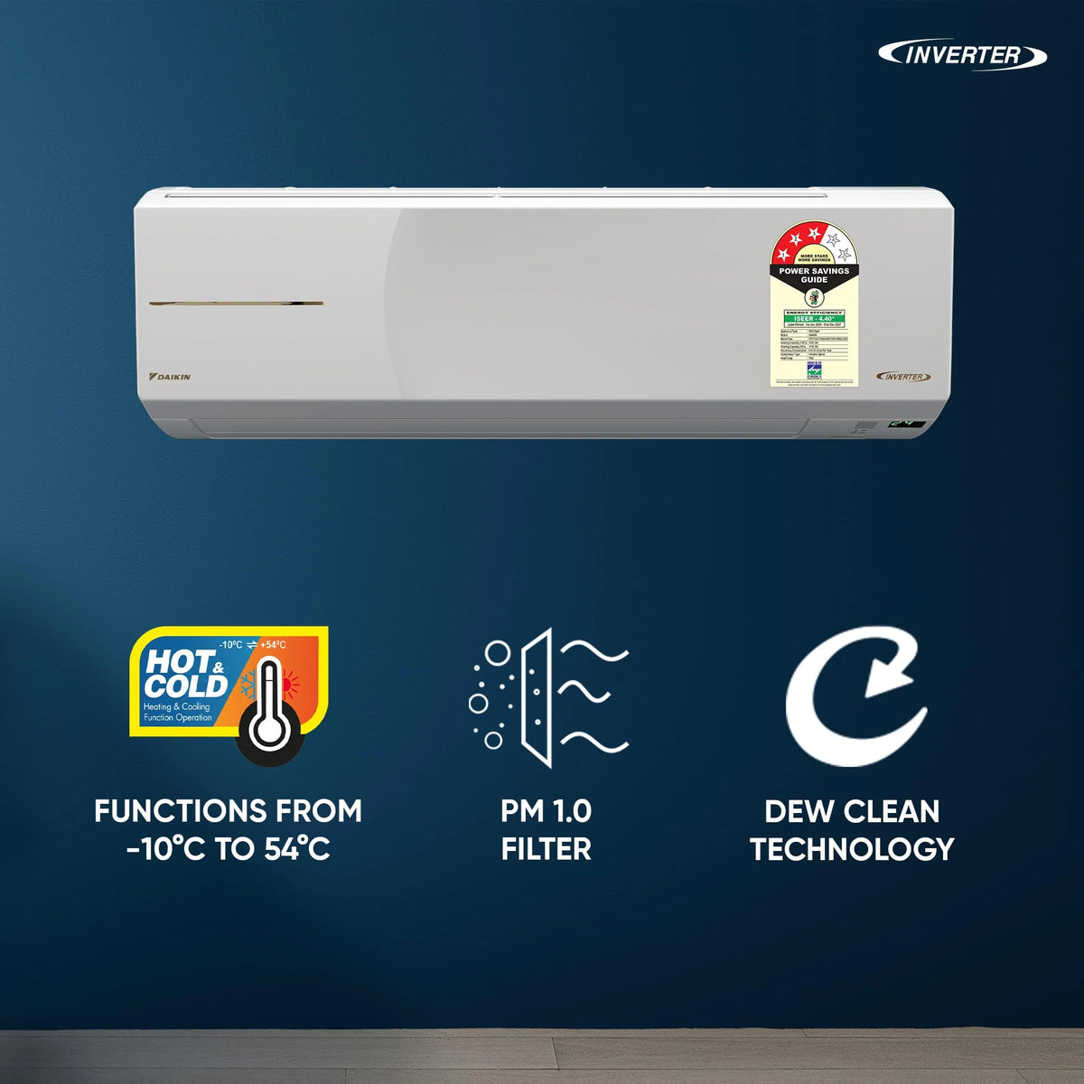Daikin FTHT50XV16 AC on a blue wall with Hot & Cold, PM 1.0 filter and Dew Clean icons