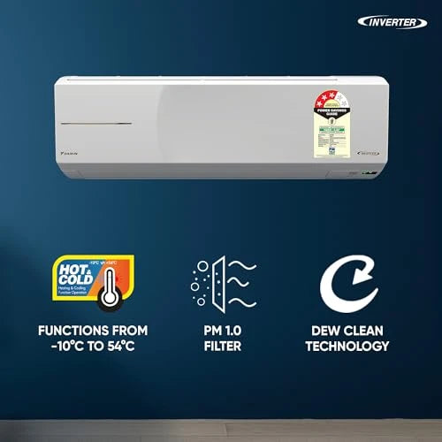 Daikin FTHT50XV16 AC feature graphic showing -10°C to 54°C operation, PM 1.0 filter and Dew Clean