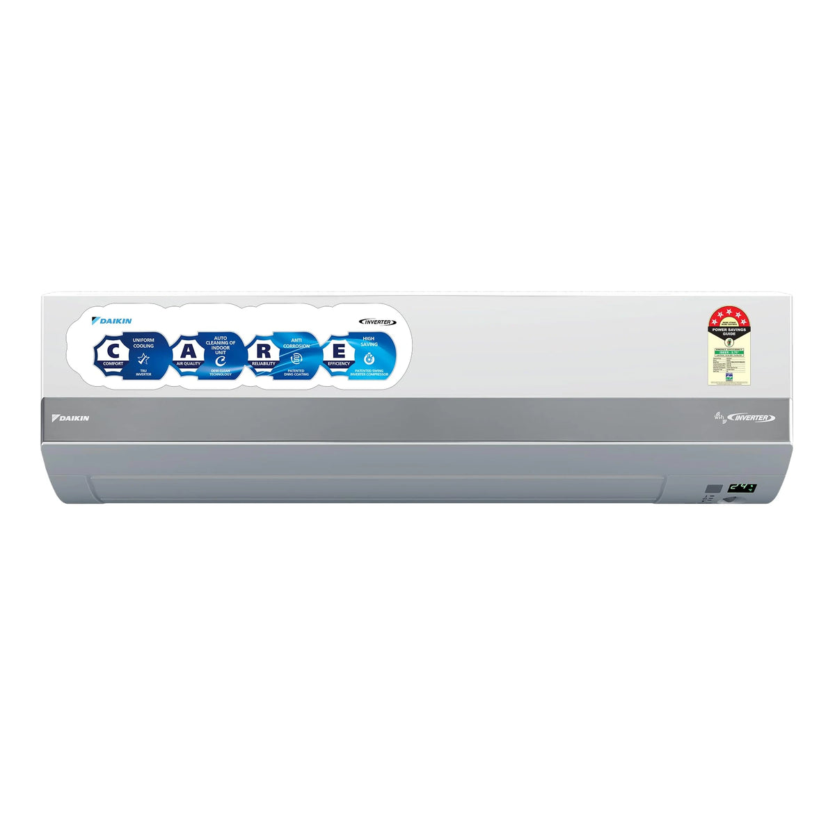 Daikin JTKJ53XV16 split AC front view showing CARE feature badges, 5 star energy label and digital display