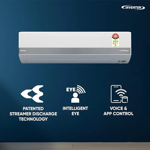 Daikin JTKJ53XV16 inverter split AC on a blue background highlighting Streamer Discharge, Intelligent Eye and voice and app control