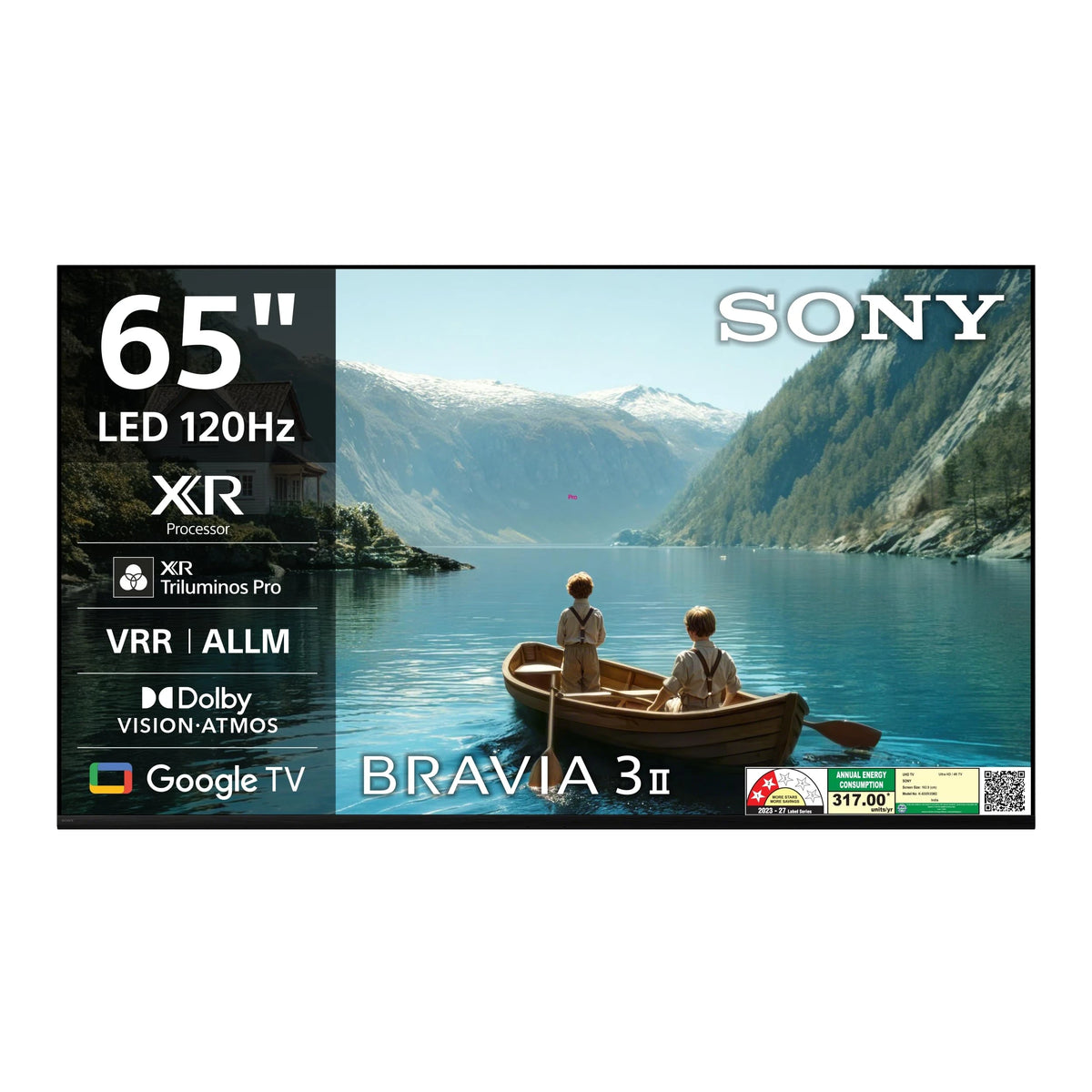 Sony BRAVIA 3II K-65XR35M2 65 inch LED TV front view showing XR Processor, Triluminos Pro, Dolby Vision Atmos and Google TV badges