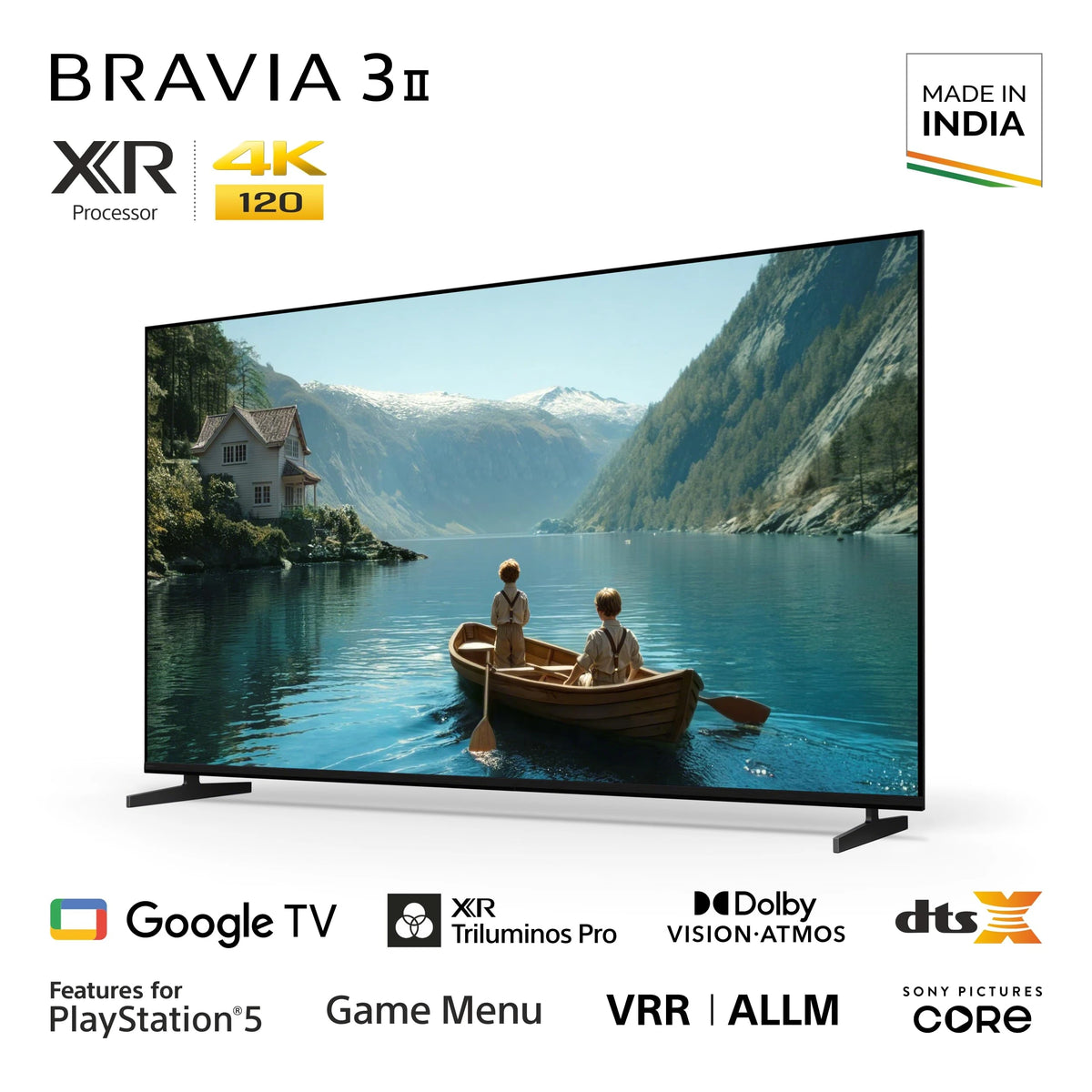 Sony BRAVIA 3II K-65XR35M2 angled view on stand with Made in India, 4K 120, Google TV, Dolby and PlayStation 5 feature logos