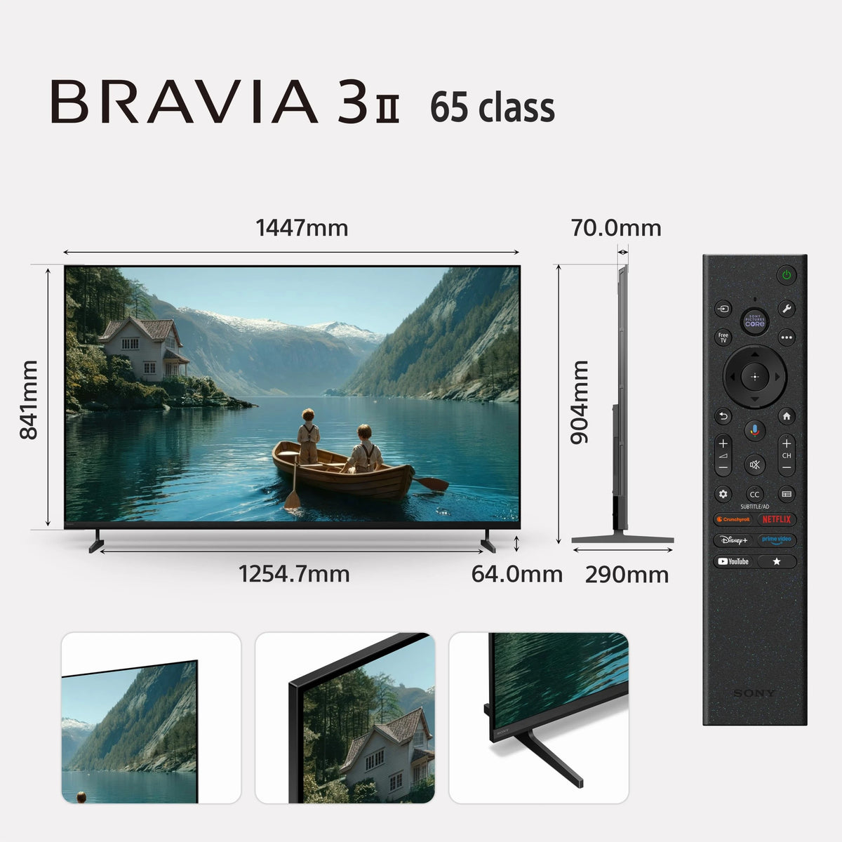 Sony BRAVIA 3II K-65XR35M2 65 class dimensions diagram with remote control and close-ups of the bezel and stand