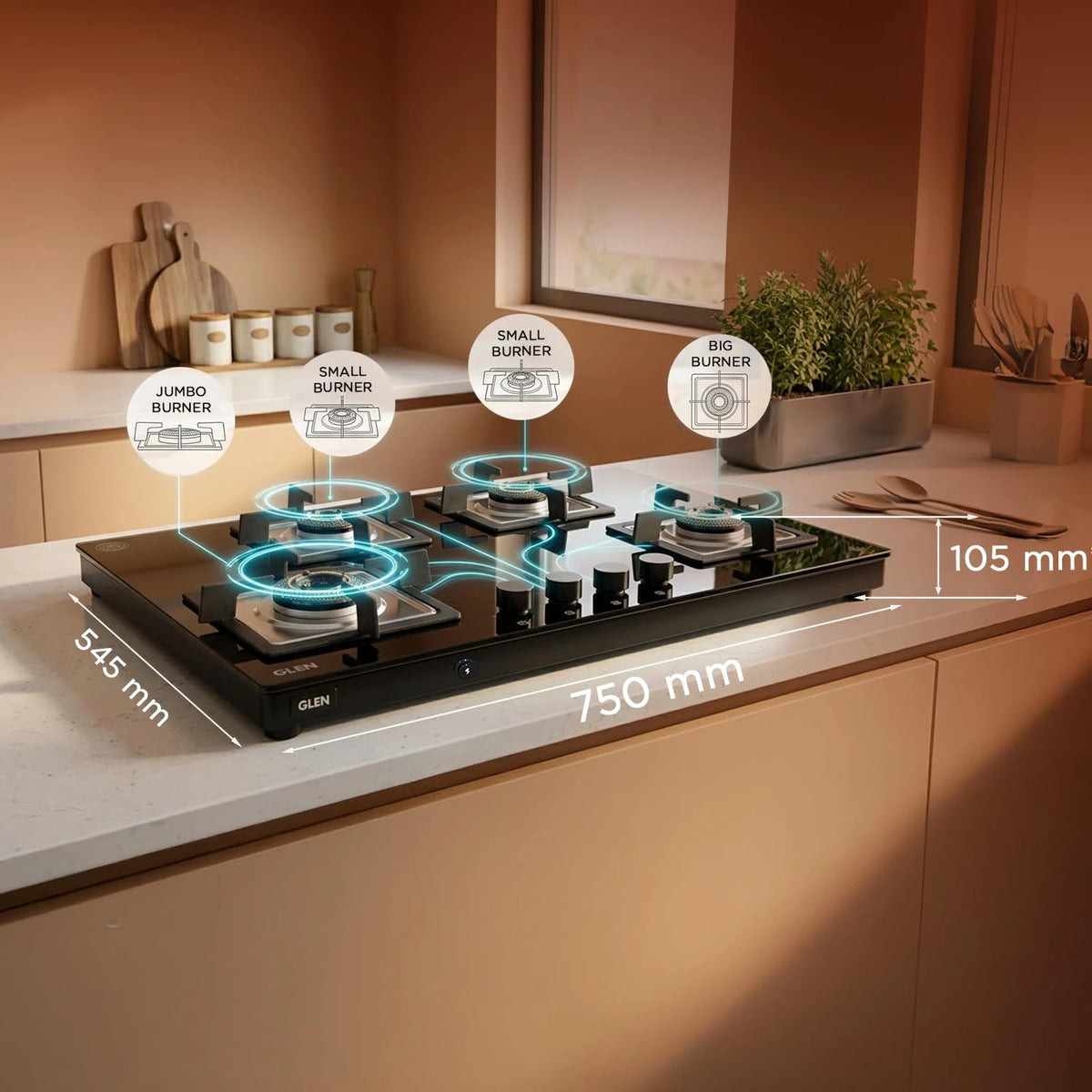 Glen 4 Burner Ultra Slim Premium LPG Gas Stove | 8 MM Thick Toughened Glass Top | 1 Jumbo Forged Brass Burner | Auto Ignition | 2 Years Standard And 5 Years Glass Warranty | 1045USTNAI