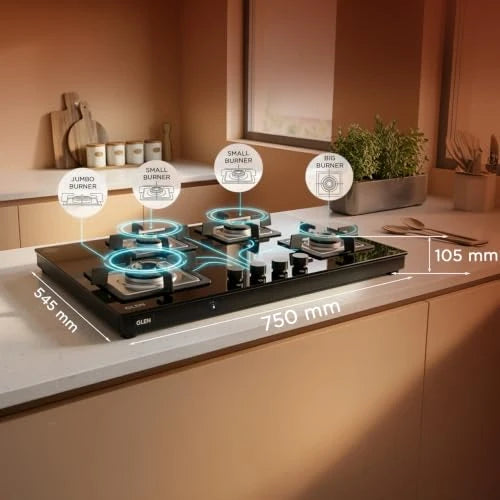 Glen 4 Burner Ultra Slim Premium LPG Gas Stove | 8 MM Thick Toughened Glass Top | 1 Jumbo Forged Brass Burner | Auto Ignition | 2 Years Standard And 5 Years Glass Warranty | 1045USTNAI