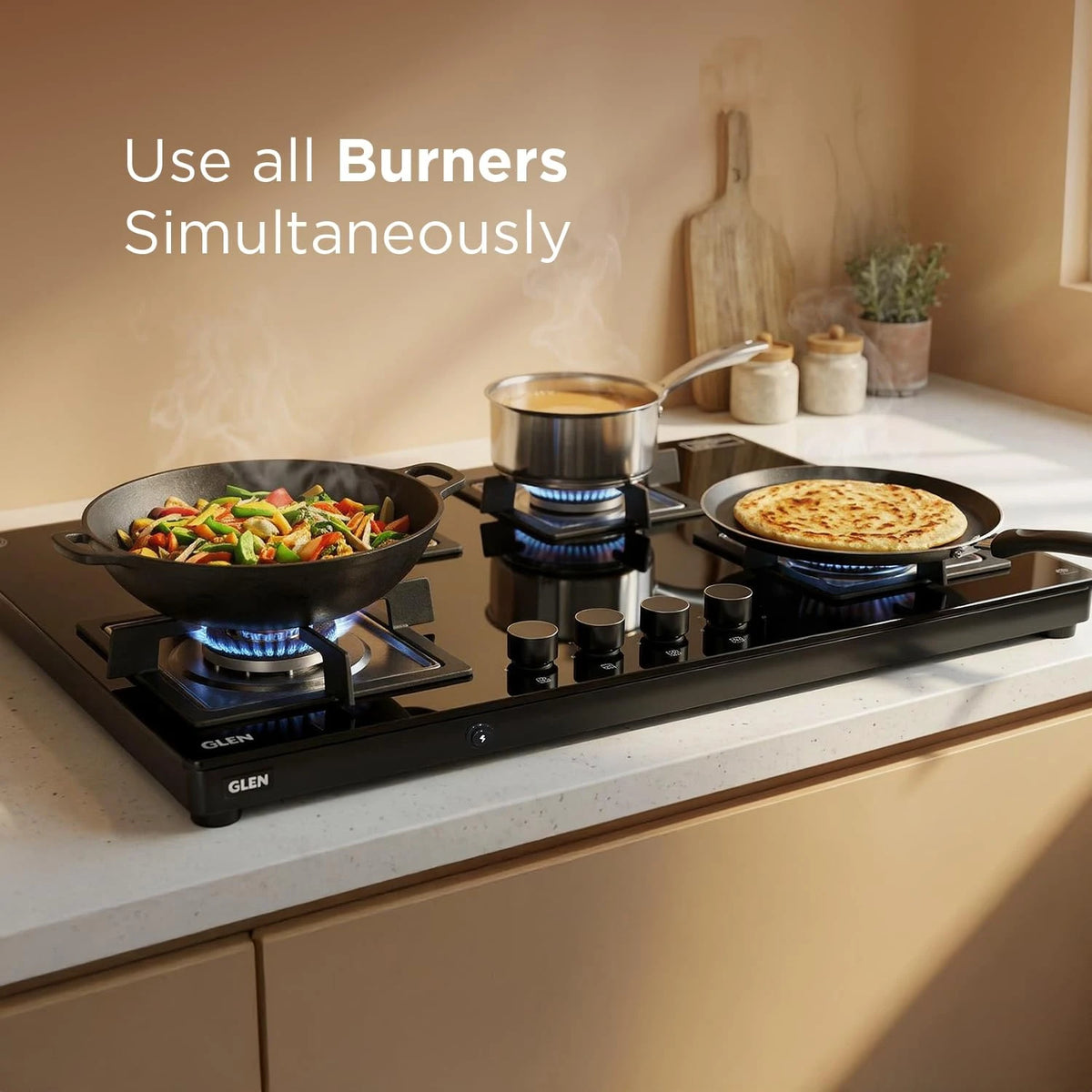 Glen 4 Burner Ultra Slim Premium LPG Gas Stove | 8 MM Thick Toughened Glass Top | 1 Jumbo Forged Brass Burner | Auto Ignition | 2 Years Standard And 5 Years Glass Warranty | 1045USTNAI