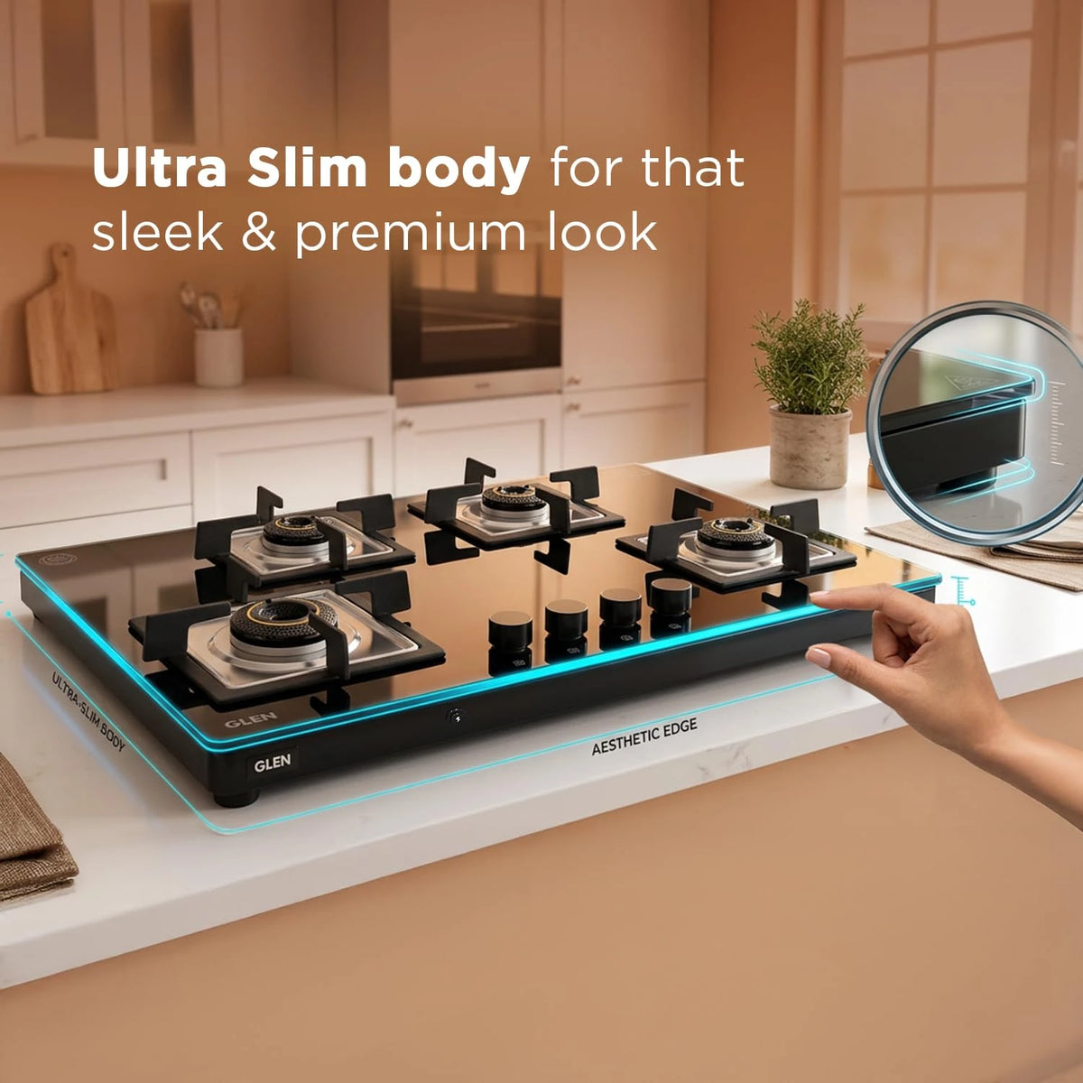 Glen 4 Burner Ultra Slim Premium LPG Gas Stove | 8 MM Thick Toughened Glass Top | 1 Jumbo Forged Brass Burner | Auto Ignition | 2 Years Standard And 5 Years Glass Warranty | 1045USTNAI