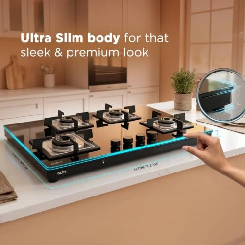 Glen 4 Burner Ultra Slim Premium LPG Gas Stove | 8 MM Thick Toughened Glass Top | 1 Jumbo Forged Brass Burner | Auto Ignition | 2 Years Standard And 5 Years Glass Warranty | 1045USTNAI