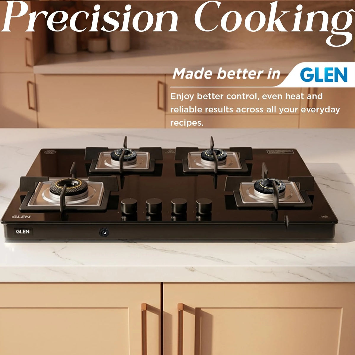 Glen 4 Burner Ultra Slim Premium LPG Gas Stove | 8 MM Thick Toughened Glass Top | 1 Jumbo Forged Brass Burner | Auto Ignition | 2 Years Standard And 5 Years Glass Warranty | 1045USTNAI