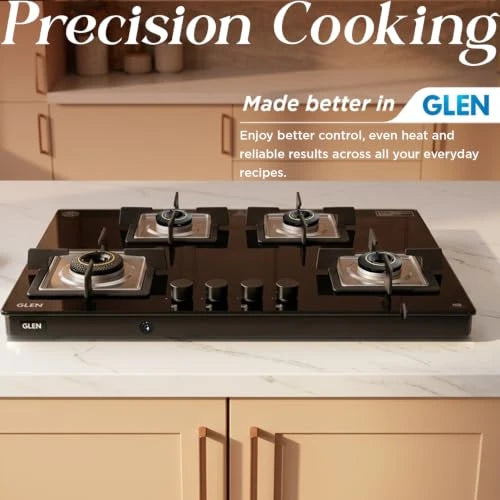 Glen 4 Burner Ultra Slim Premium LPG Gas Stove | 8 MM Thick Toughened Glass Top | 1 Jumbo Forged Brass Burner | Auto Ignition | 2 Years Standard And 5 Years Glass Warranty | 1045USTNAI
