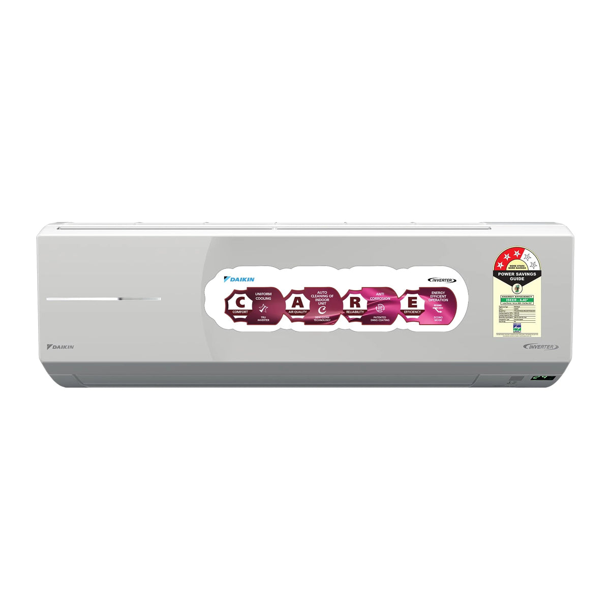Daikin FTKL50XV16 1.5 Ton inverter split AC indoor unit with CARE feature label and 3 Star energy label