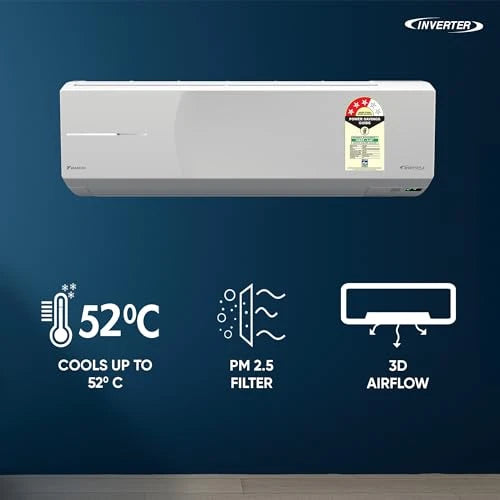 Daikin FTKL50XV16 inverter AC infographic showing 52°C cooling, PM 2.5 filter and 3D airflow