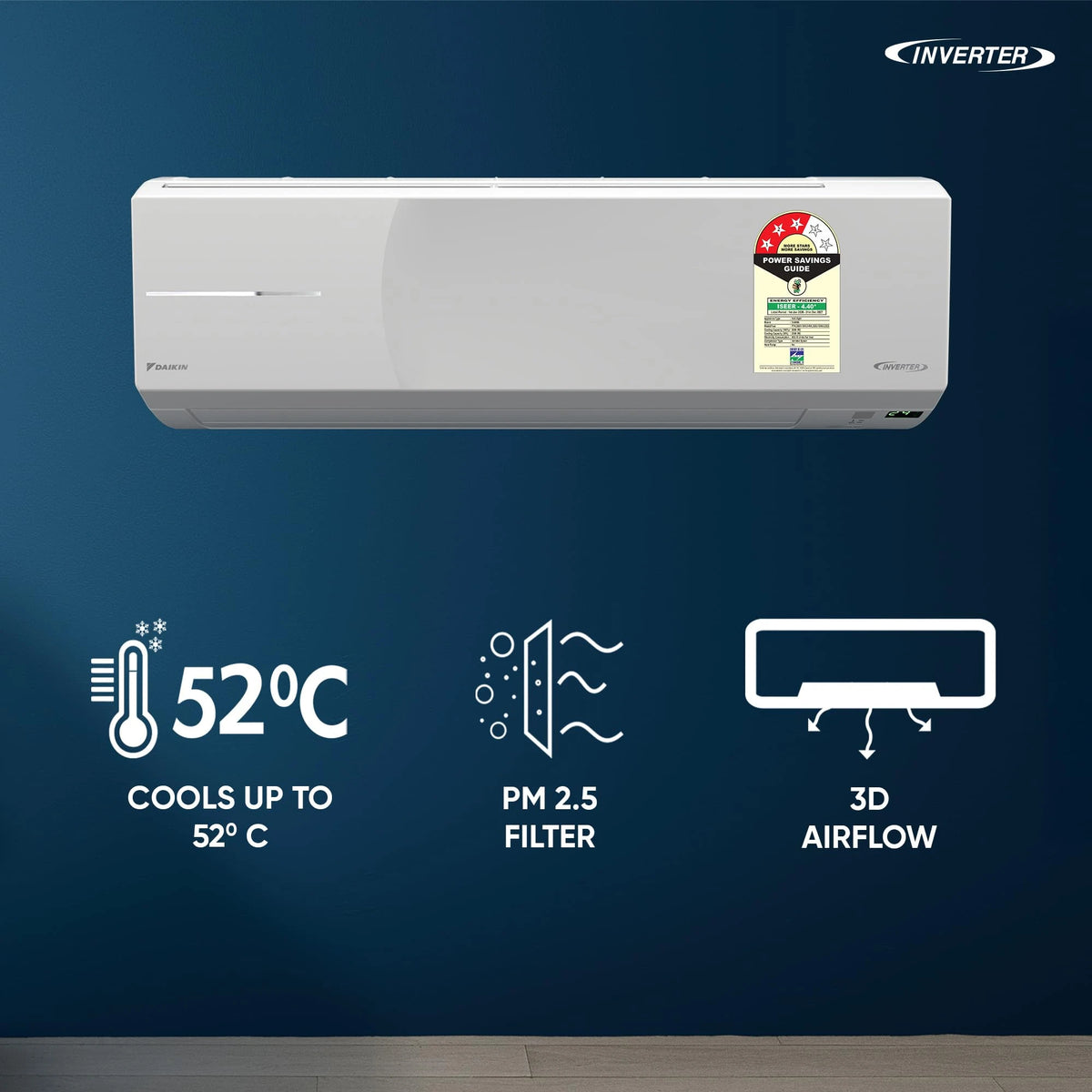 Daikin FTKL50XV16 split AC on a blue wall with icons for cooling up to 52°C, PM 2.5 filter and 3D airflow