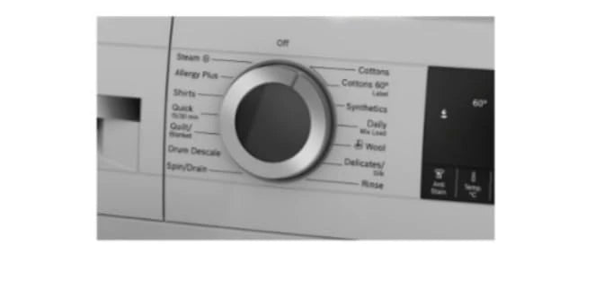 Bosch WGA254ISIN control panel with programme dial and display showing Cottons, Synthetics, Wool and Quick options