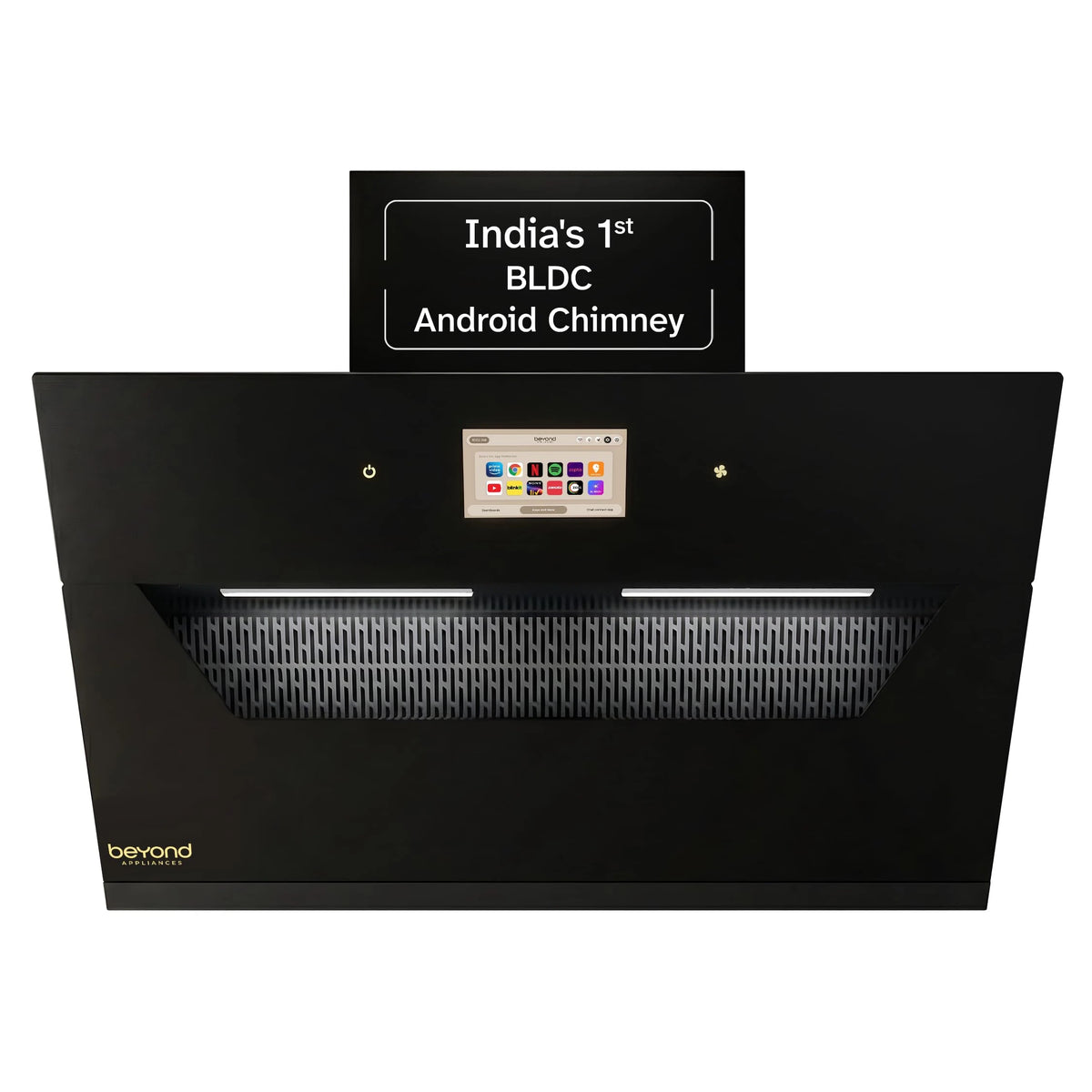 Beyond Appliances Eris 90cm BLDC | Kitchen Chimney | 1800 CMH Suction | Auto Clean | Filterless | Smart Touchscreen Display | Touch Control | Slant | Black