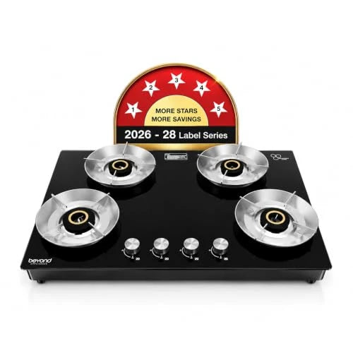 Beyond Appliances Quantum Pro 4 Burner | Gas Saver Stove | 5 Star Energy Rated |10 Year Warranty | Auto Ignition | 77% Energy Efficient| Full Brass burners | LPG & PNG | ISI & LERC Certified