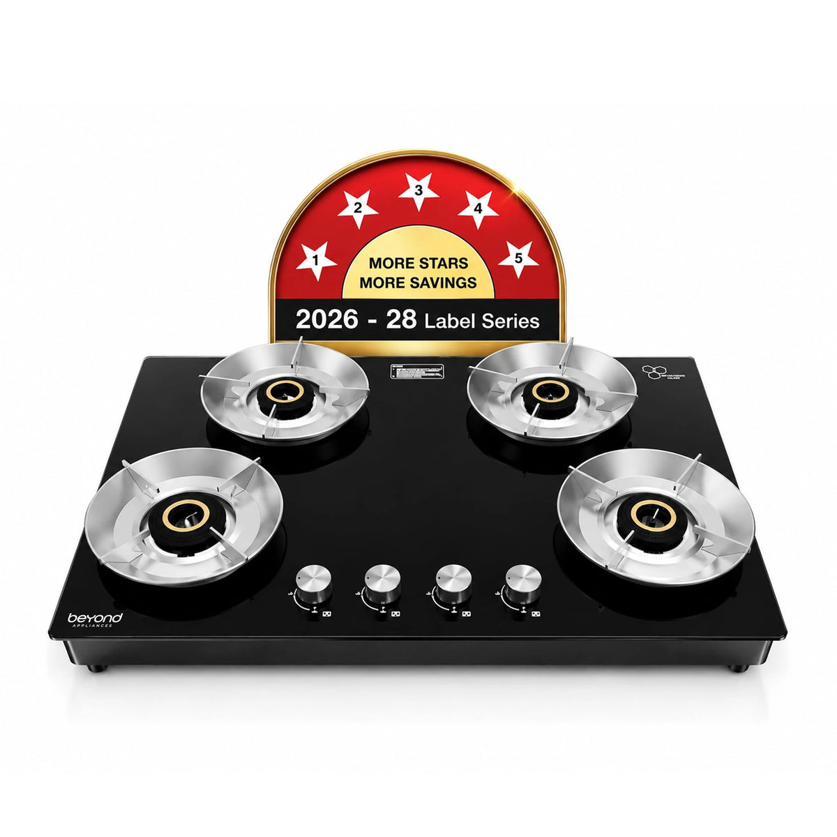 Beyond Appliances Quantum Pro 4 Burner | Gas Saver Stove | 5 Star Energy Rated |10 Year Warranty | Auto Ignition | 77% Energy Efficient| Full Brass burners | LPG & PNG | ISI & LERC Certified