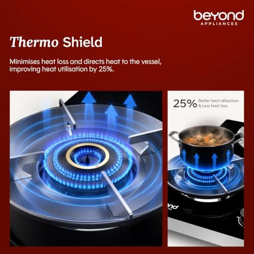 Beyond Appliances Quantum Pro 4 Burner | Gas Saver Stove | 5 Star Energy Rated |10 Year Warranty | Auto Ignition | 77% Energy Efficient| Full Brass burners | LPG & PNG | ISI & LERC Certified