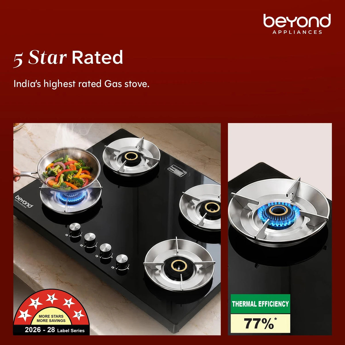 Beyond Appliances Quantum Pro 4 Burner | Gas Saver Stove | 5 Star Energy Rated |10 Year Warranty | Auto Ignition | 77% Energy Efficient| Full Brass burners | LPG & PNG | ISI & LERC Certified