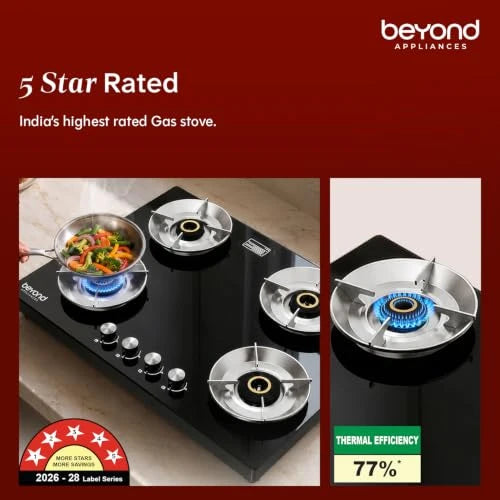 Beyond Appliances Quantum Pro 4 Burner | Gas Saver Stove | 5 Star Energy Rated |10 Year Warranty | Auto Ignition | 77% Energy Efficient| Full Brass burners | LPG & PNG | ISI & LERC Certified