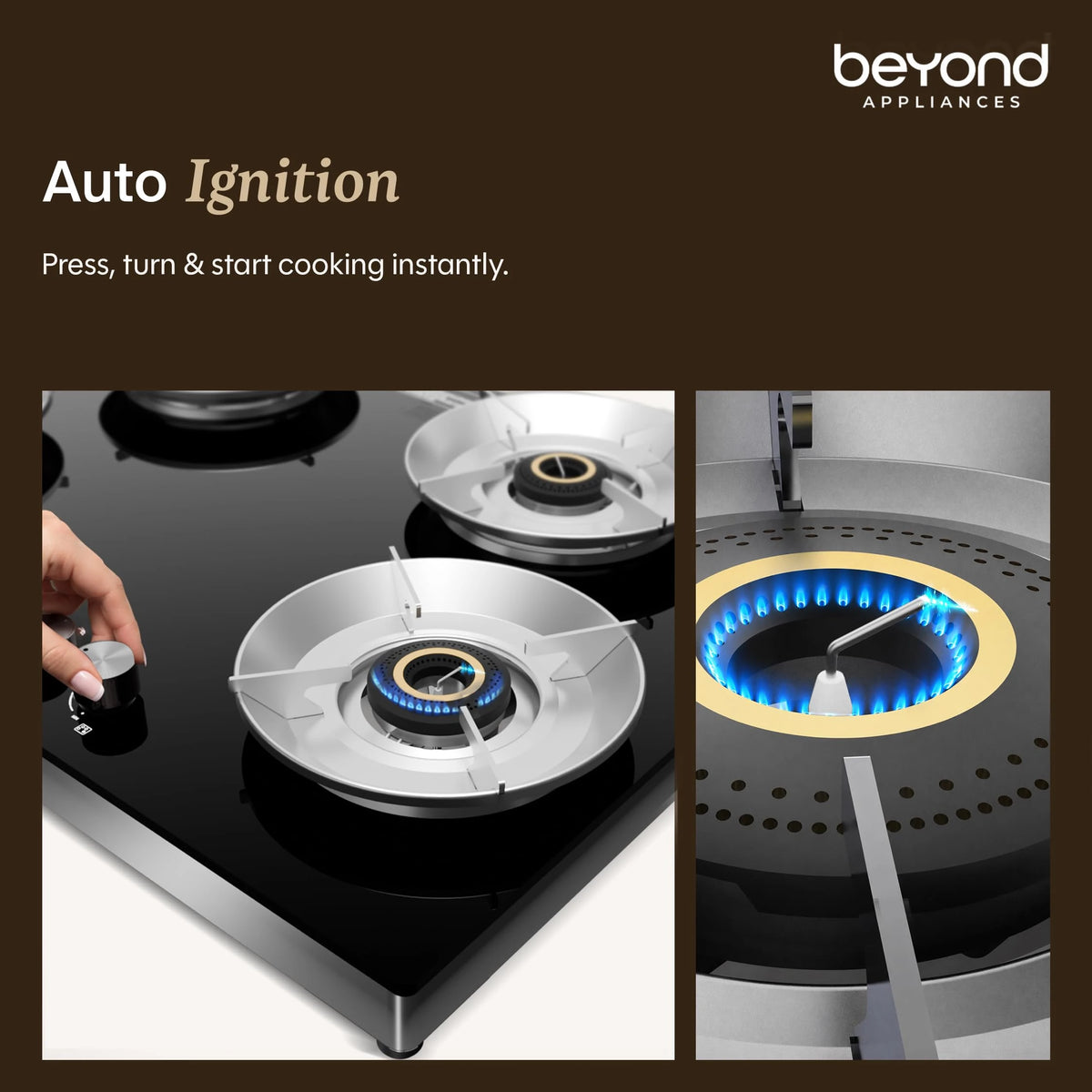 Beyond Appliances Quantum Pro 4 Burner | Gas Saver Stove | 5 Star Energy Rated |10 Year Warranty | Auto Ignition | 77% Energy Efficient| Full Brass burners | LPG & PNG | ISI & LERC Certified
