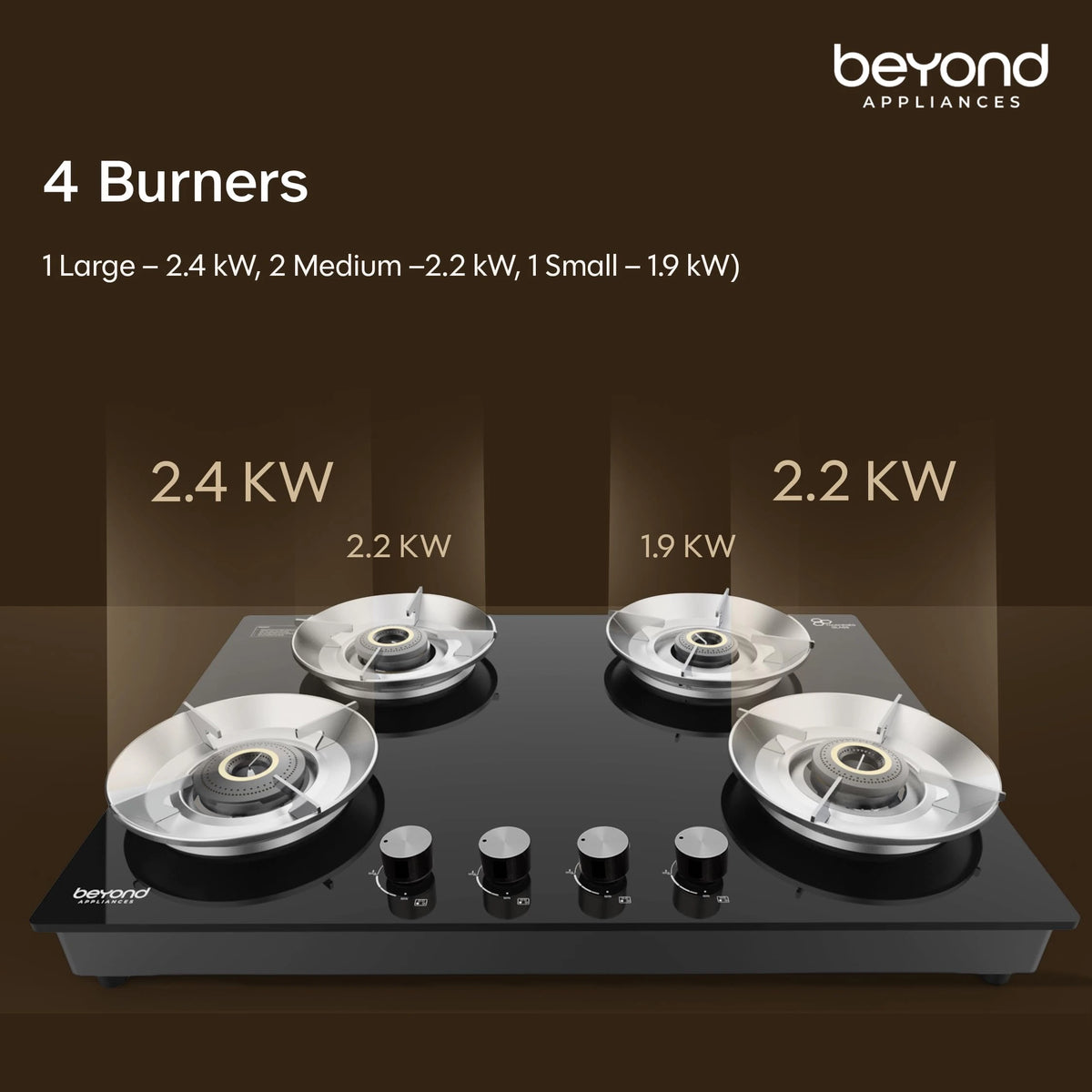 Beyond Appliances Quantum Pro 4 Burner | Gas Saver Stove | 5 Star Energy Rated |10 Year Warranty | Auto Ignition | 77% Energy Efficient| Full Brass burners | LPG & PNG | ISI & LERC Certified