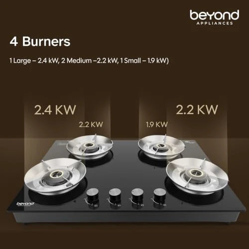 Beyond Appliances Quantum Pro 4 Burner | Gas Saver Stove | 5 Star Energy Rated |10 Year Warranty | Auto Ignition | 77% Energy Efficient| Full Brass burners | LPG & PNG | ISI & LERC Certified