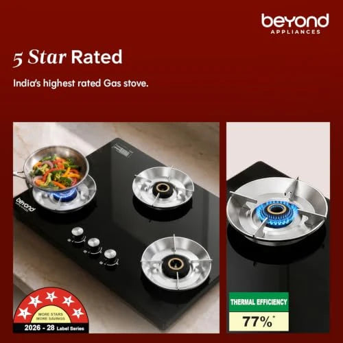 Beyond Appliances Quantum Pro 3 Burner | Gas Saver Stove | 5 Star Energy Rated |10 Year Warranty | Auto Ignition | 77% Energy Efficient| Full Brass burners | LPG & PNG | ISI & LERC Certified
