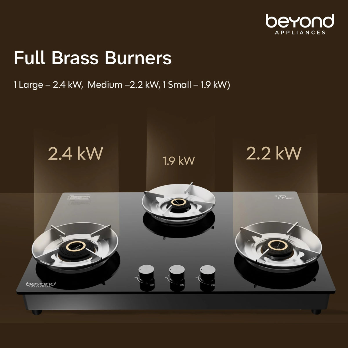 Beyond Appliances Quantum Pro 3 Burner | Gas Saver Stove | 5 Star Energy Rated |10 Year Warranty | Auto Ignition | 77% Energy Efficient| Full Brass burners | LPG & PNG | ISI & LERC Certified