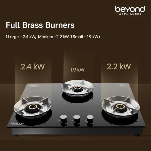 Beyond Appliances Quantum Pro 3 Burner | Gas Saver Stove | 5 Star Energy Rated |10 Year Warranty | Auto Ignition | 77% Energy Efficient| Full Brass burners | LPG & PNG | ISI & LERC Certified