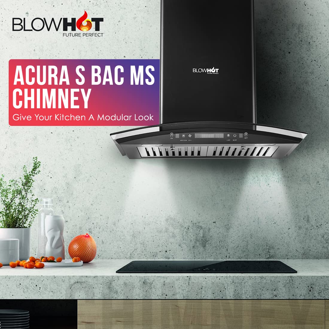 BLOWHOT Chimney for Kitchen 60Cm 1100 m3/hr Auto Clean Curved Glass Gesture Controlled Motion Sensor Bafﬂe Filter With Recycling Mode Led Lights(LIfetime7 Years)Warranty On Motor Free Installation Kit