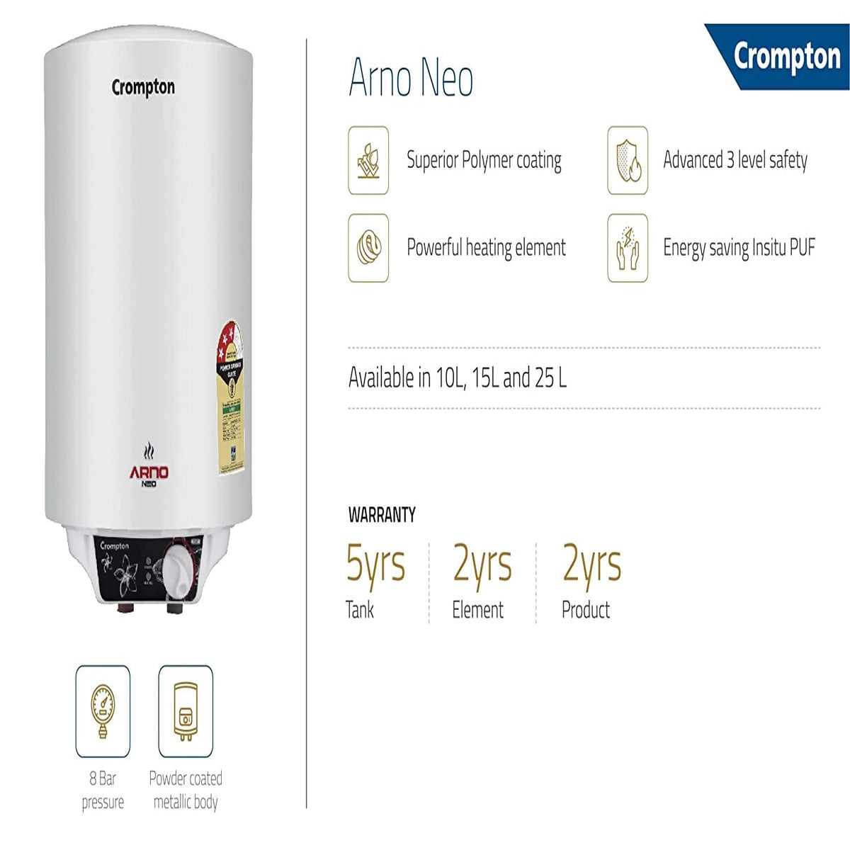 Crompton Arno Neo ASWH-2625 25LTR Water Heater (White)